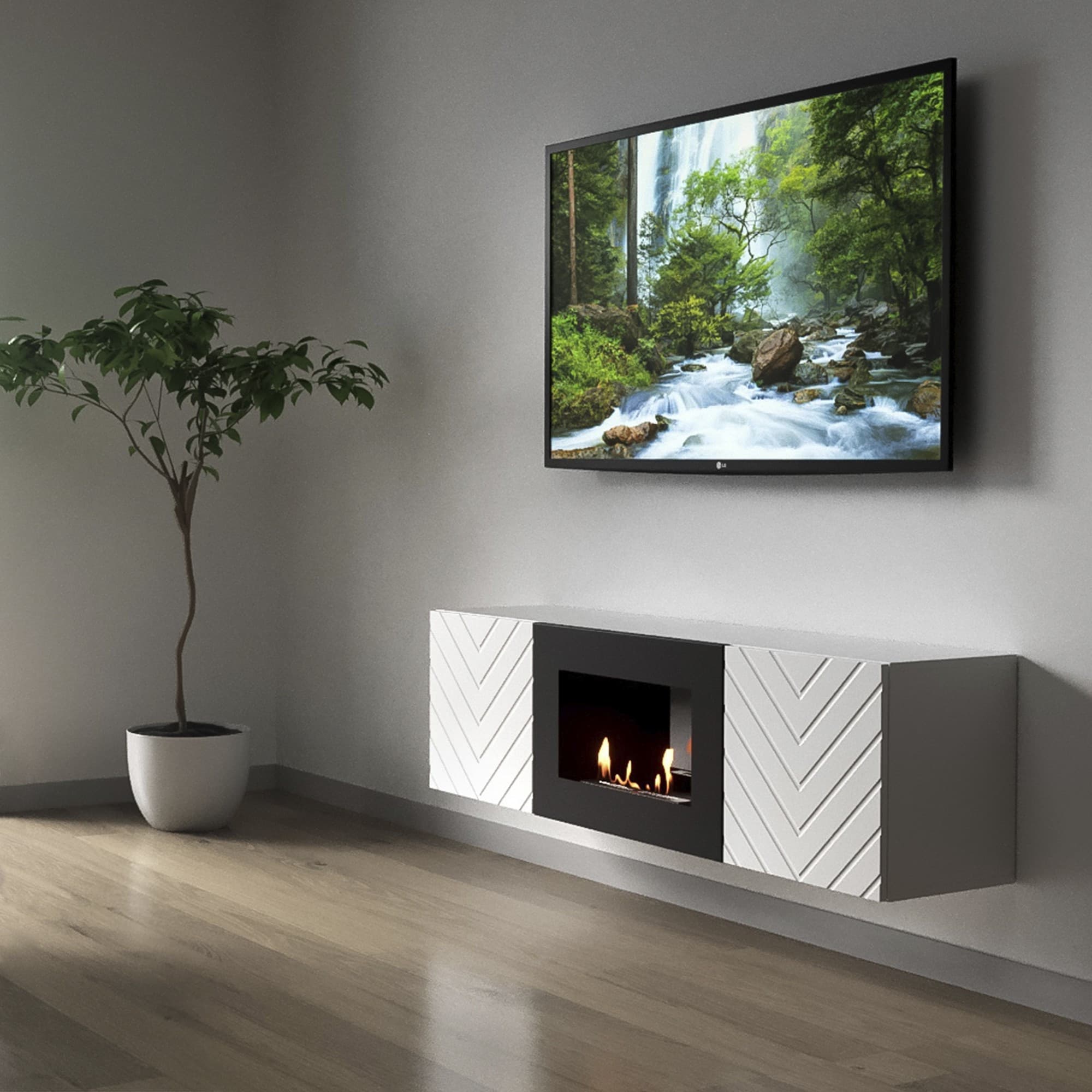 Каминокомплект:Тумба с биокамином Firelight BFP/P-1400V белая+набор керамических дров ель — фото 7