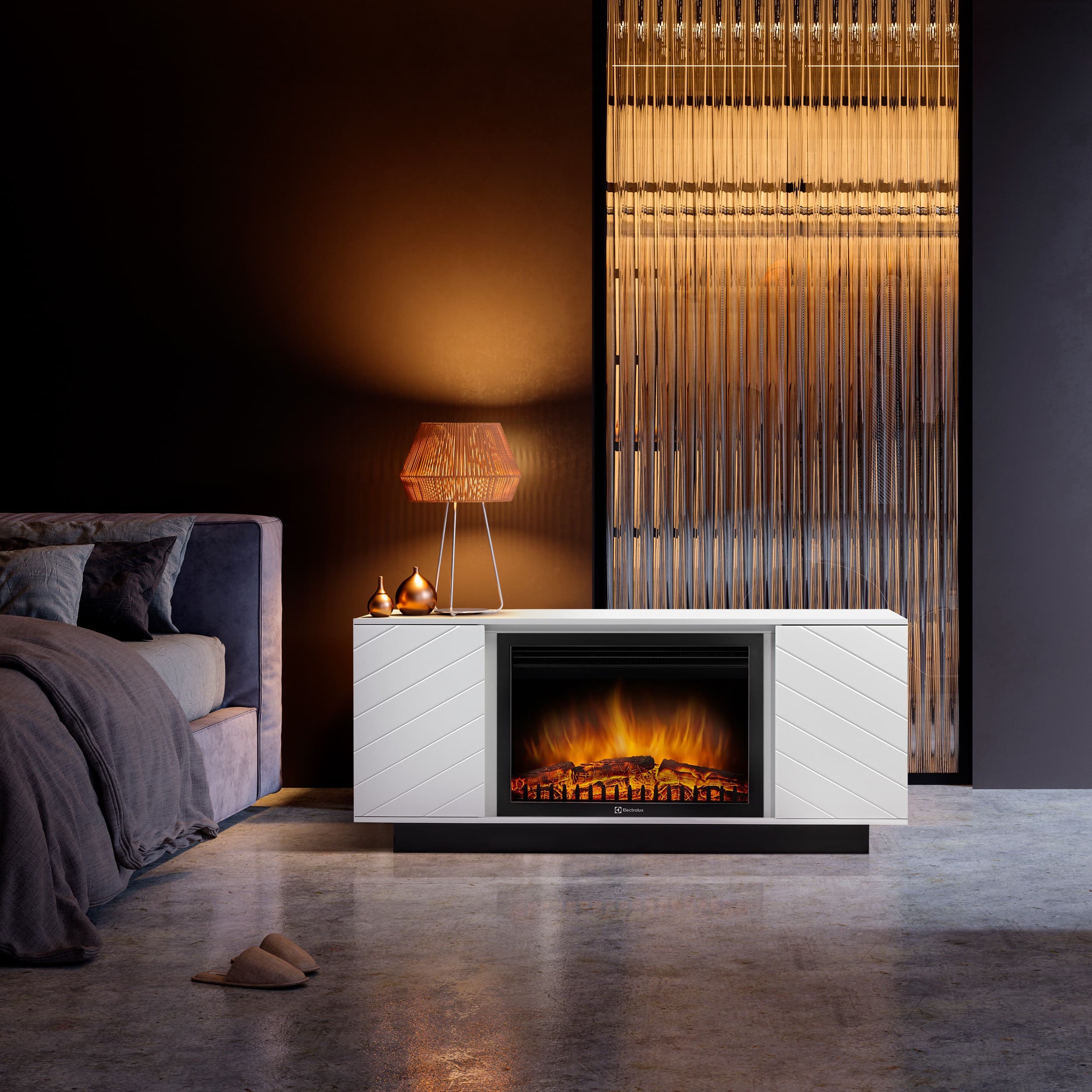 Каминокомплект: Очаг Electrolux EFP/P-3020LS N, портал Como 30 белый, черный, р/в — фото 7